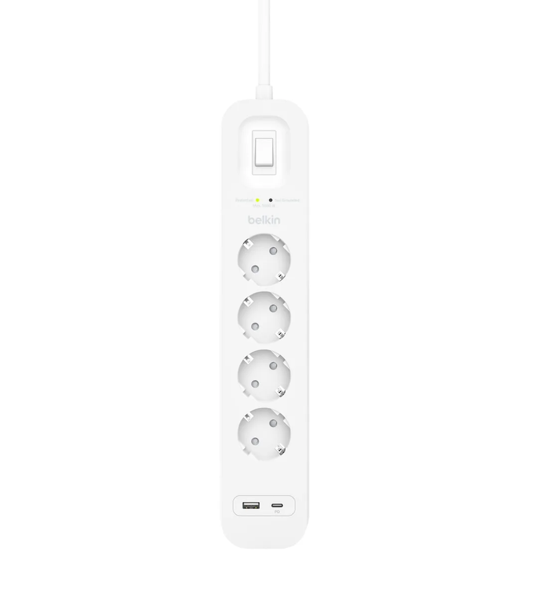Подовжувач мережевий Belkin 2м 4хТипF 16А USB-A USB-C 18Вт Білий