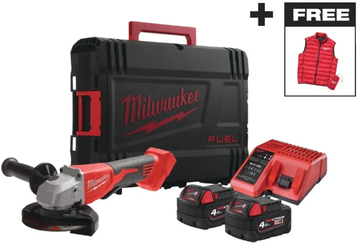 Аккумуляторная угловая шлифмашина Milwaukee M18 BLSAG125XPD-402X, 125 мм, 18 В, 2x4 Ач, 11000 об/мин, вес 24 кг