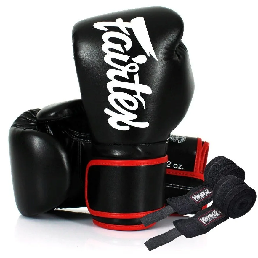 Боксерські рукавиці Fairtex штучна шкіра 16 oz Чорні з бинтами в комплекті