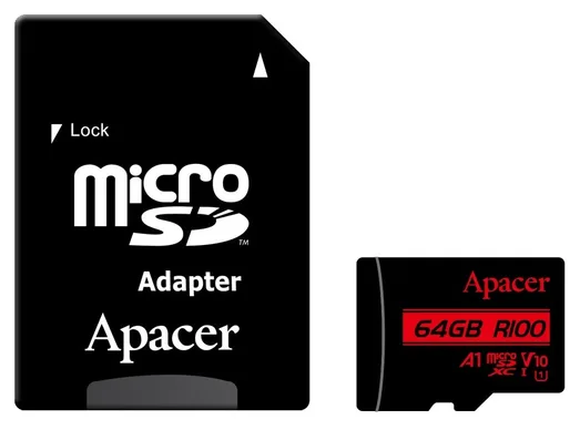 Карта пам'яті Apacer microSDXC 64GB UHS-I U1 V10 з адаптером 100 МБ/с Чорна