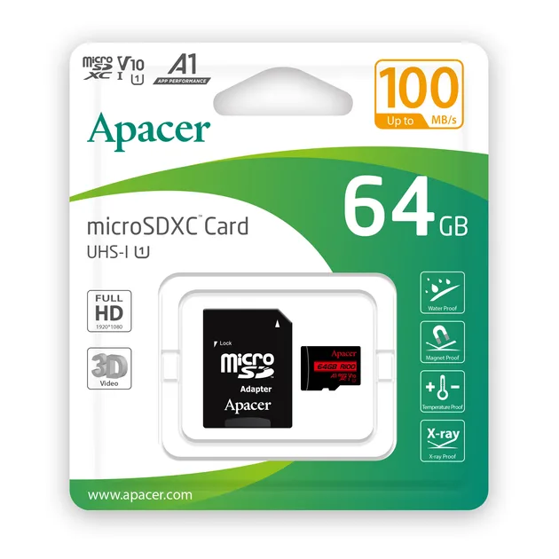 Карта пам'яті Apacer microSDXC 64GB UHS-I U1 V10 з адаптером 100 МБ/с Чорна