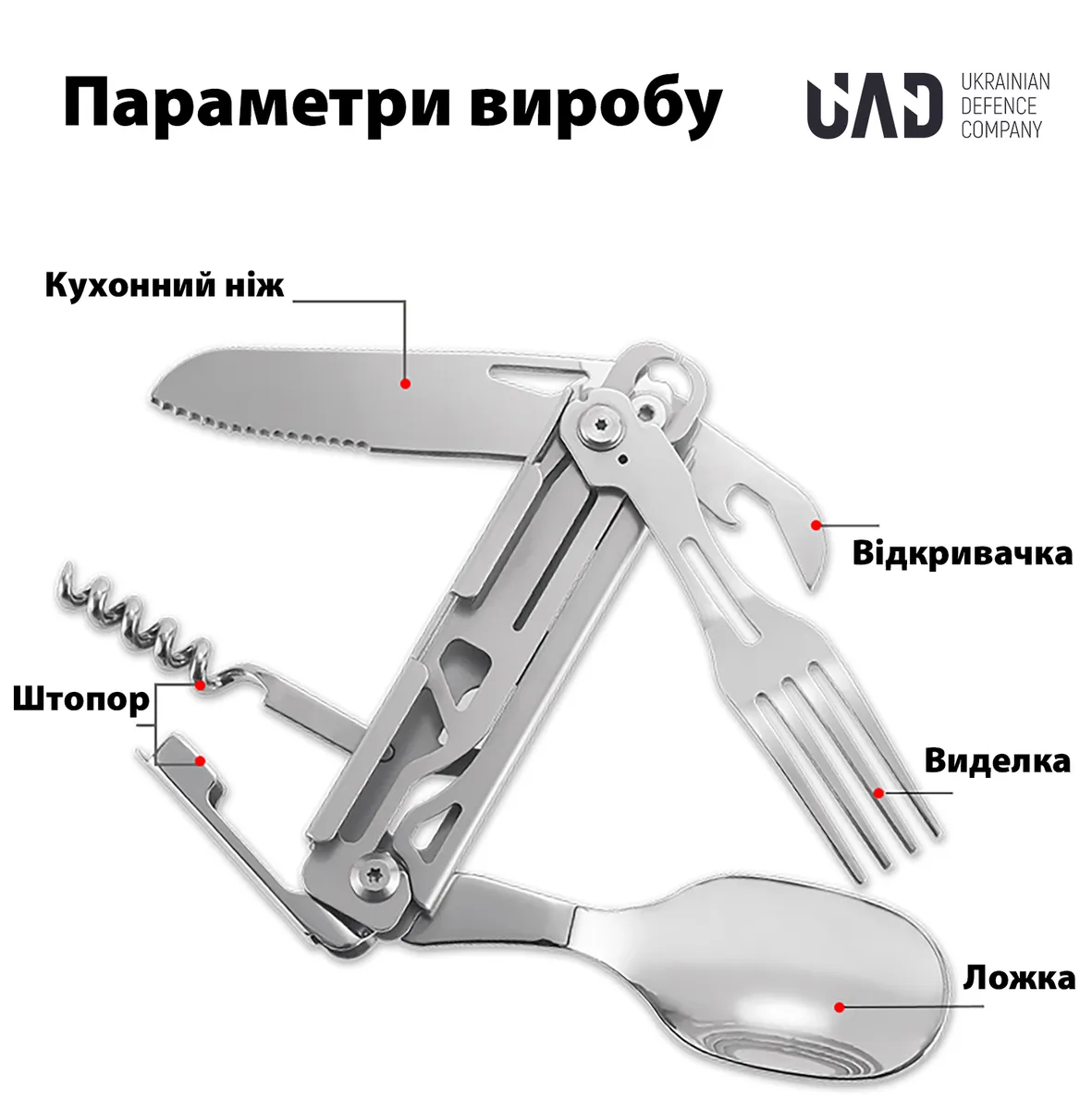 Мультитул туристичний UAD 420 6 інструментів нержавіюча сталь 115х30х35 мм сталевий