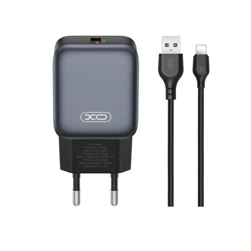 Мережевий зарядний пристрій XO адаптер 18W USB Lightning 1м чорний