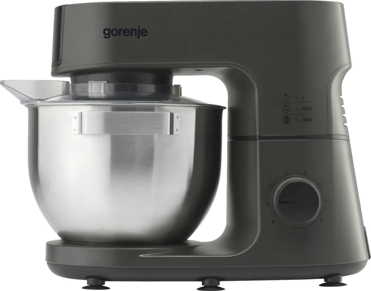 Кухонний комбайн Gorenje 1000Вт, металева чаша, металевий корпус, 7 насадок, сріблясто-чорний.