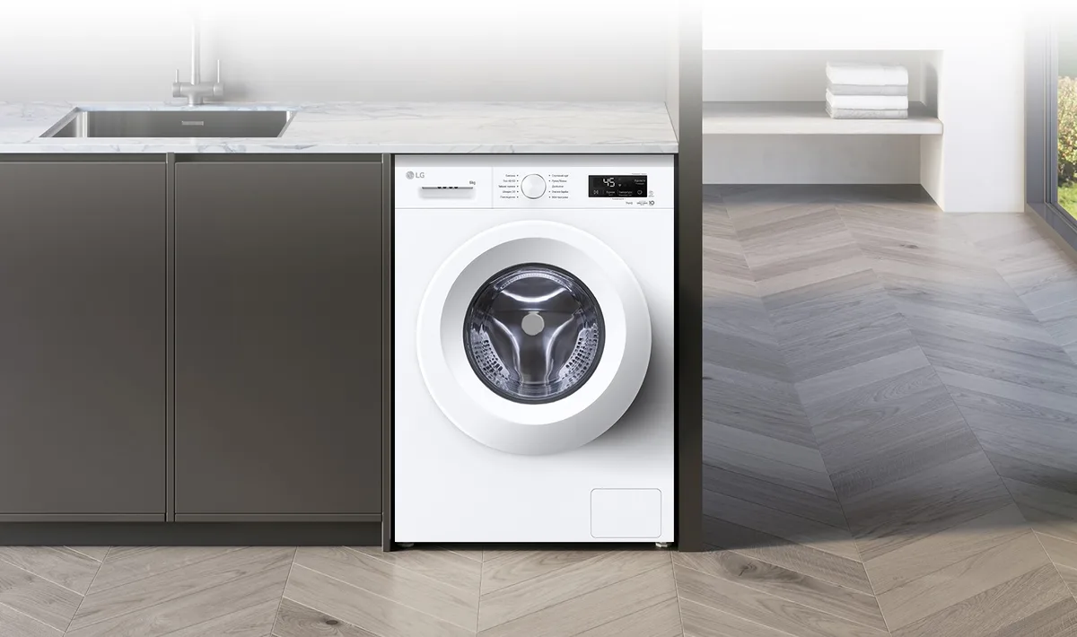 Фронтальная стиральная машина LG, 6 кг, 1200 об/мин, класс энергопотребления В, ширина 44 см, с дисплеем, функцией пара и инвертором, белая