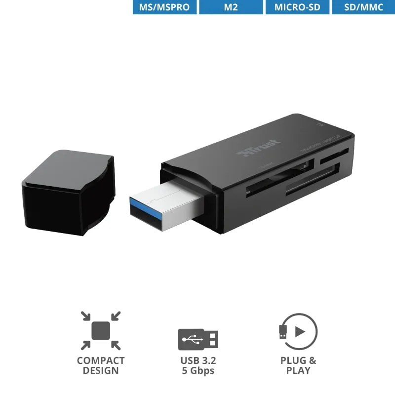 Картридер Trust Nanga USB-A 3.2 > SD/microSD/MS/MSPRO/mmC/M2, черный