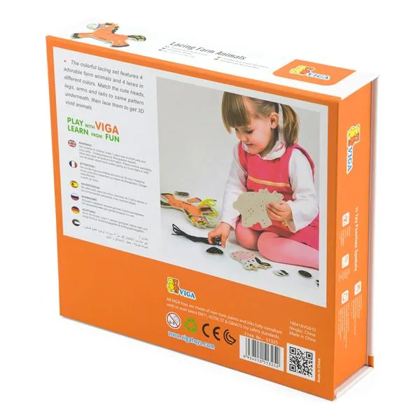 Деревянная шнуровка Viga Toys 21х5х19 см разноцветные Фермерские зверята