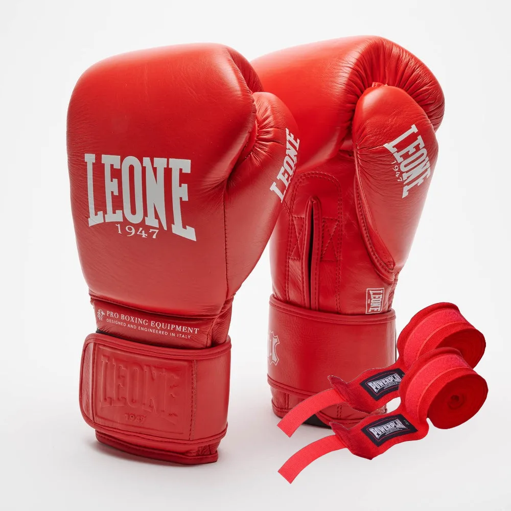 Боксерські рукавиці Leone натуральна шкіра 12 унцій червоні з бинтами 4 м