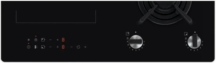 Комбінована варильна панель Electrolux (2 газові + 2 індукційні), 60 см, з розширеною зоною, чавунний, чорний.