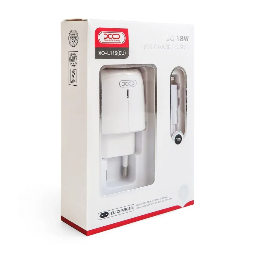 Зарядний пристрій XO 1USB 18W Quick Charge з кабелем Lightning білий