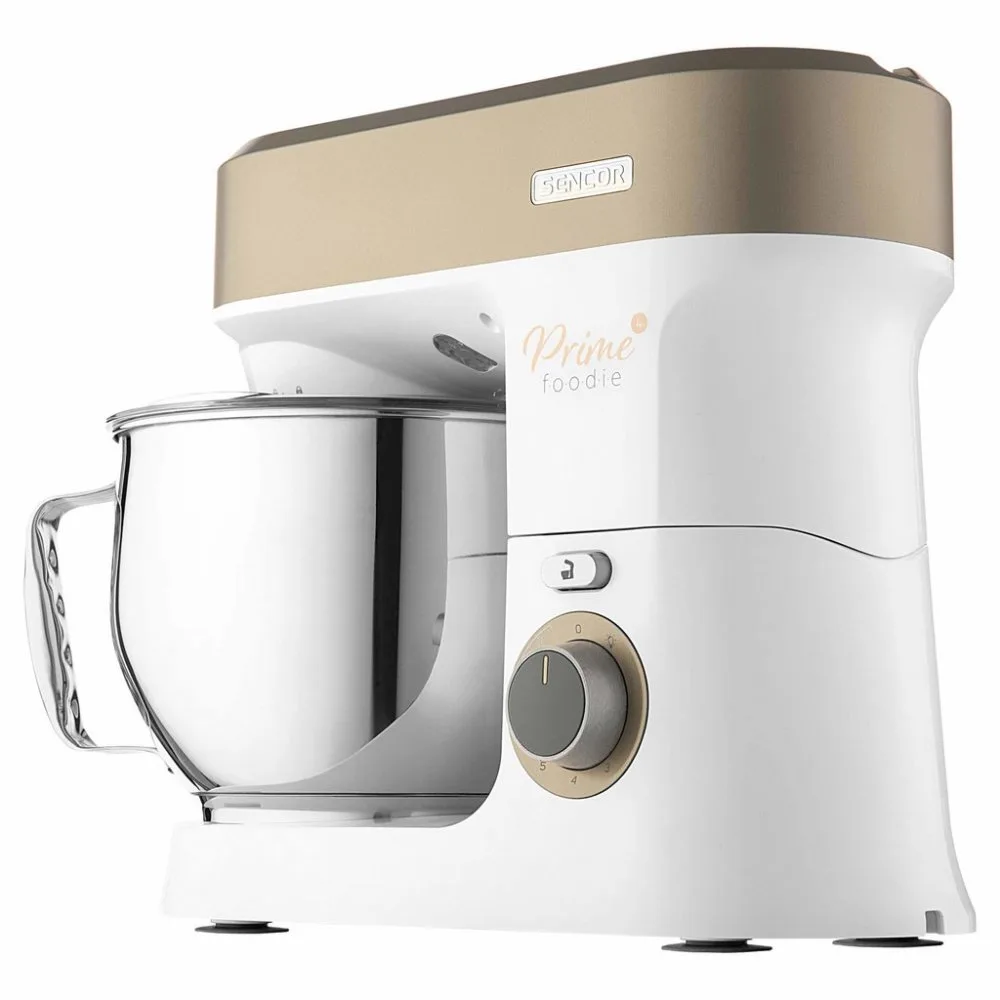 Кухонний комбайн Sencor 1200Вт, металева чаша, пластиковий корпус, 19 насадок, коричнево-білий.