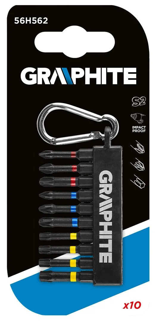 Набор ударных бит GRAPHITE 1/4", PH, PZ, TX, 50 мм, сталь S2, карабин, 10 шт