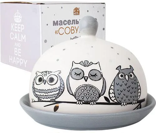 Керамічна маслянка Be Happy 16х13х11,5 см біла з малюнком совенят