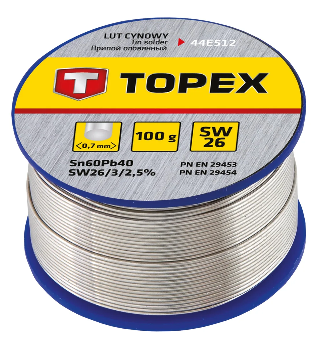 Припій оловapos;яний TOPEX Sn60Pb40 з флюсом SW26, дріт 0.7мм, 100г.