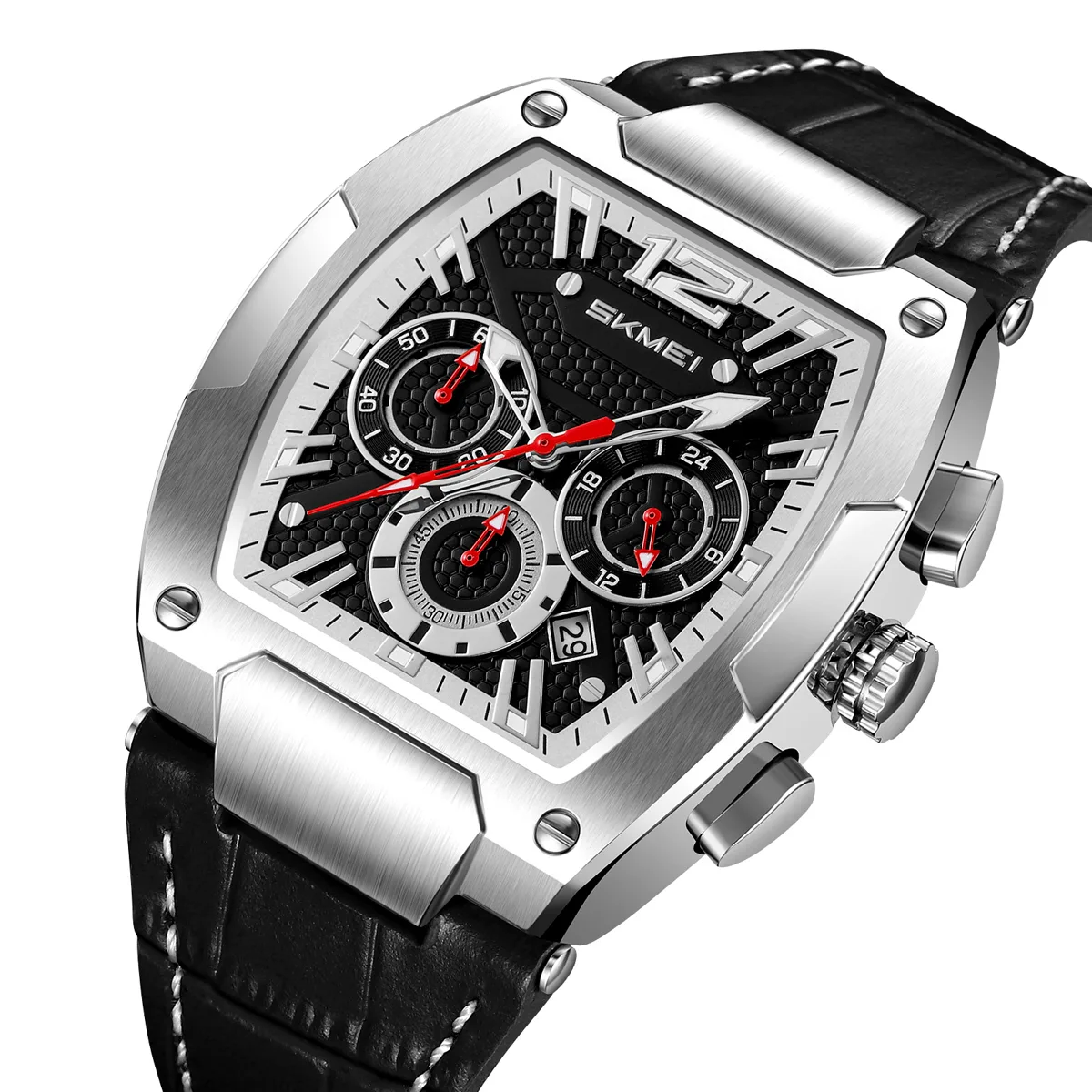 Часы Skmei Кварцевые стальные 39 мм Серебристые чёрные кожаный ремешок
