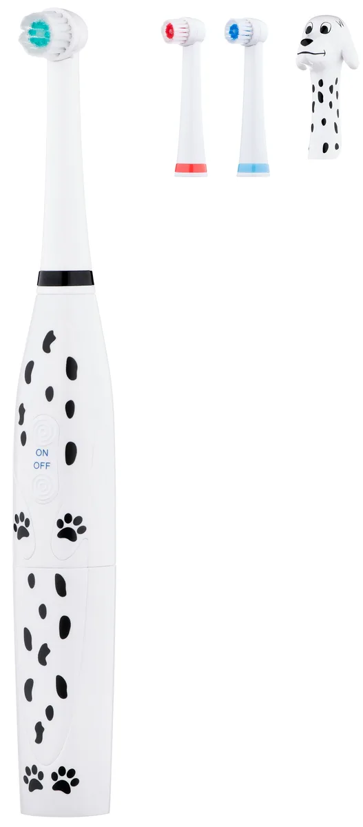 Електрична зубна щітка ARDESTO ETB-003DOG для дітей, 8.8 тис. коливань/хв, 3 насадки, водонепроникність IPX6, біла.