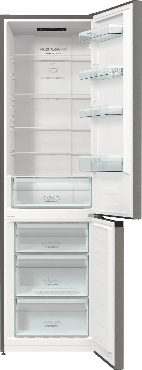 Холодильник Gorenje NRK6202EXL4 з нижньою морозильною камерою, 2 двері, об'ємом 235(96)л, клас енергоспоживання А++, технологія No