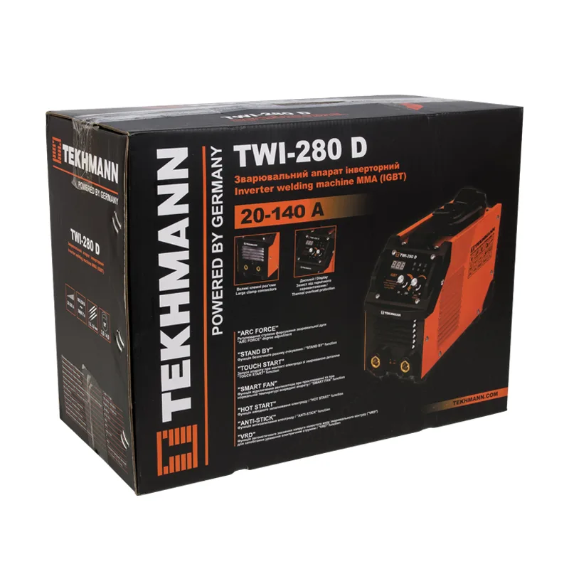 Інверторний зварювальний апарат Tekhmann TWI-280 D 140А 5.2кВт 170-270В з функцією форсування дуги, вага 3кг.