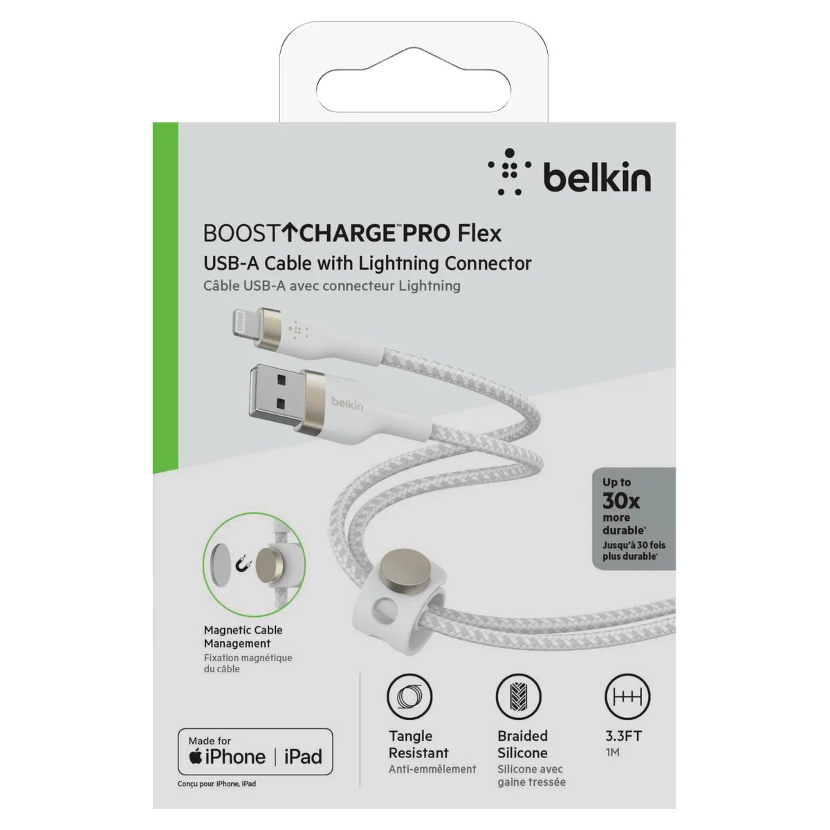 Кабель USB-A > Lightning заряджання/синхронізації Belkin 1м, плетений, силіконовий, з ремінцем на магніті, білий