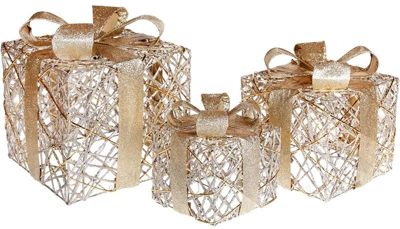 Набір подарункових коробок New Year Gifts з LED-підсвіткою світле золото 3 шт