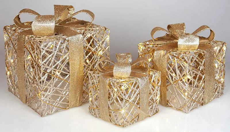 Набір подарункових коробок New Year Gifts з LED-підсвіткою світле золото 3 шт