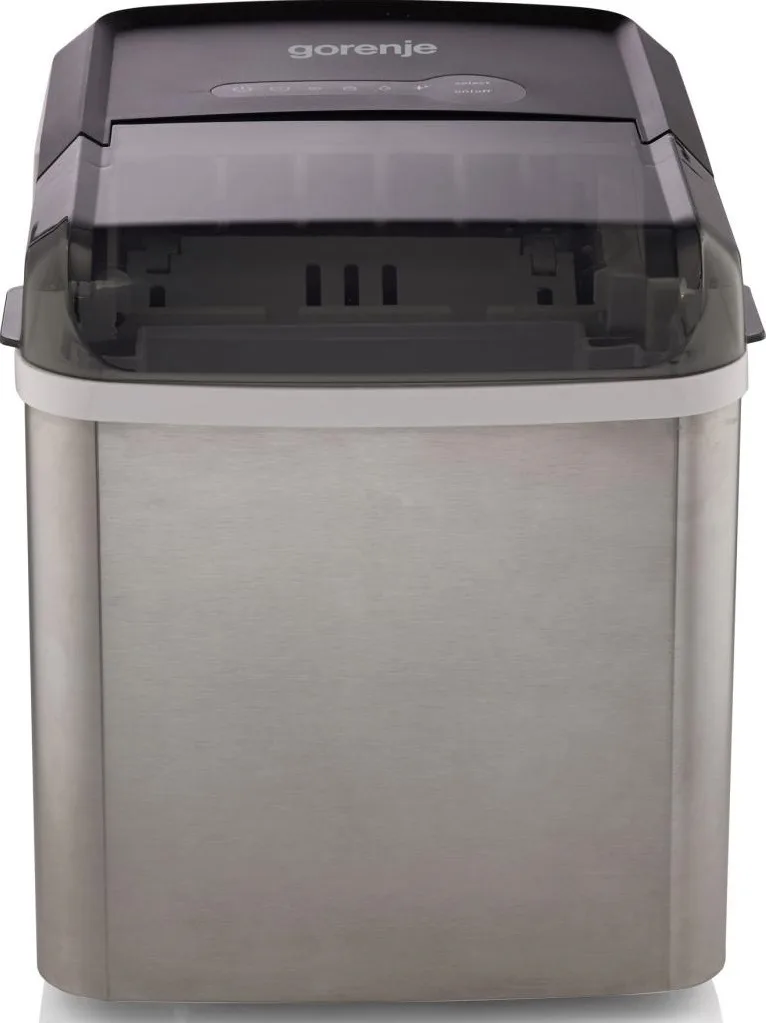 Льодогенератор для дому Gorenje, продуктивність 12 кг на добу, об'єм 1,3 л, з дисплеєм, сріблясто-чорного кольору.
