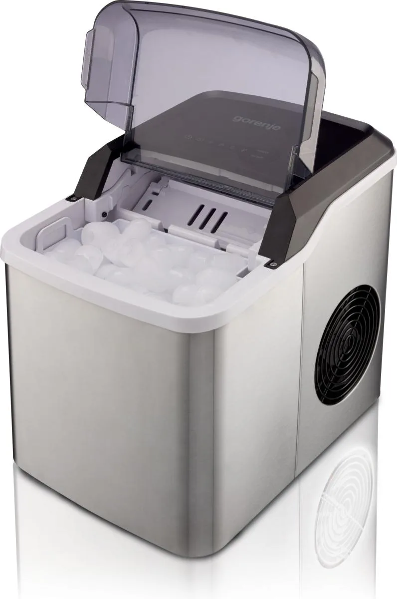 Льодогенератор для дому Gorenje, продуктивність 12 кг на добу, об'єм 1,3 л, з дисплеєм, сріблясто-чорного кольору.