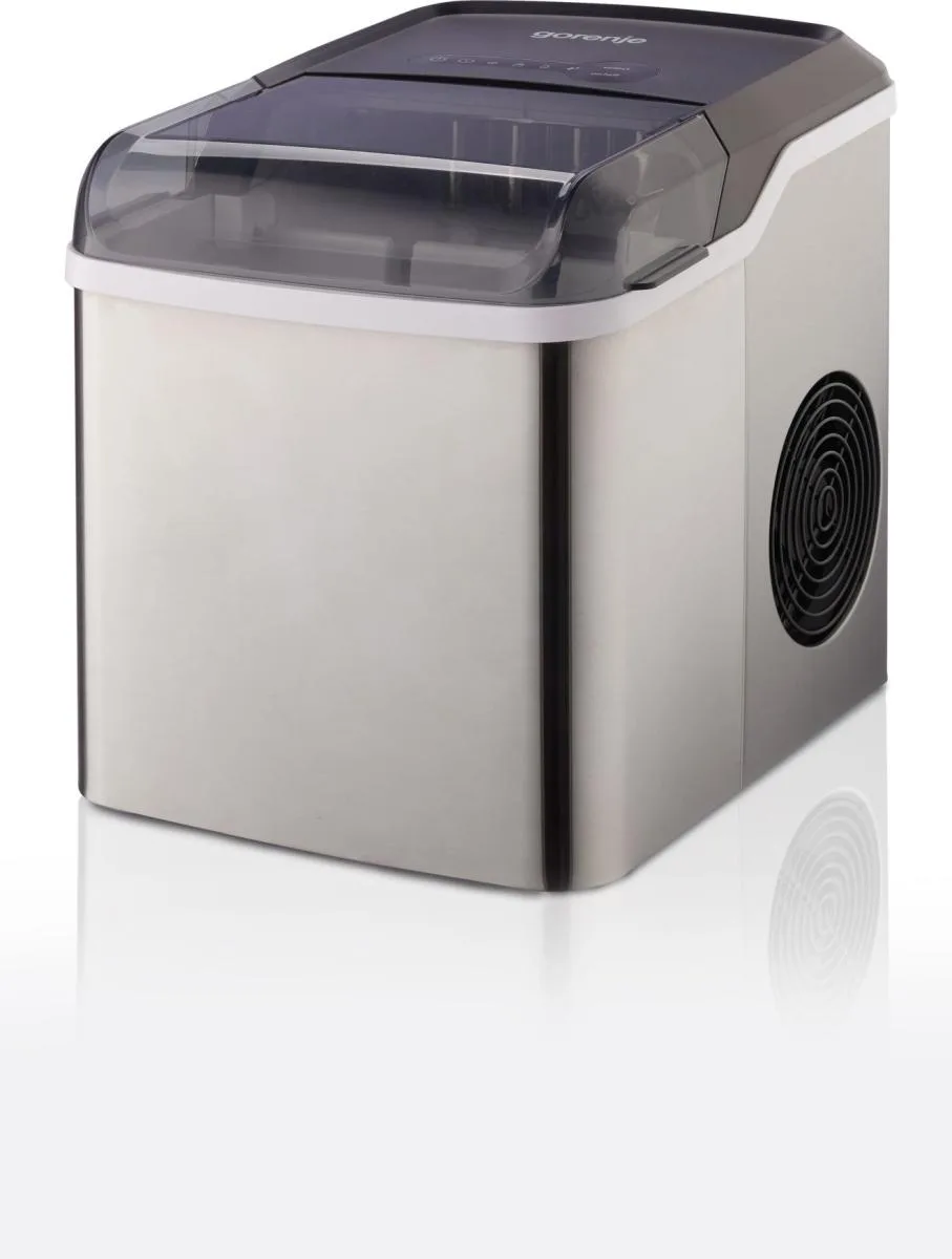 Льодогенератор для дому Gorenje, продуктивність 12 кг на добу, об'єм 1,3 л, з дисплеєм, сріблясто-чорного кольору.