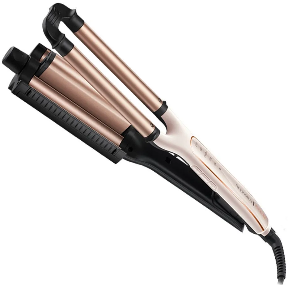 Плойка Remington ProLuxe 4-в-1 для создания волн, мощность 90 Вт, 5 температурных режимов, диаметр 15 мм, регулировка температуры от 150 до 210°C, керамическое покрытие, бело-золотистый дизайн.