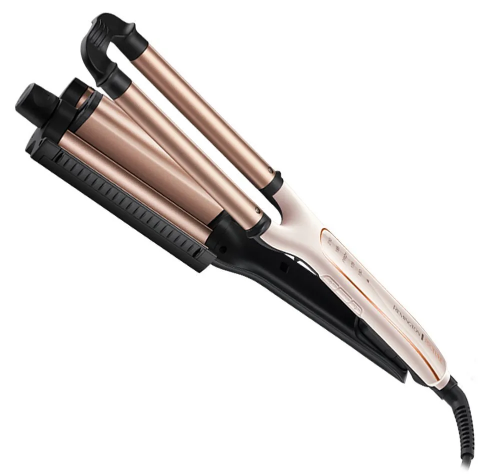 Плойка Remington ProLuxe 4-в-1 для создания волн, мощность 90 Вт, 5 температурных режимов, диаметр 15 мм, регулировка температуры от 150 до 210°C, керамическое покрытие, бело-золотистый дизайн.
