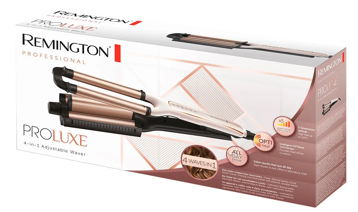 Плойка Remington ProLuxe 4-в-1 для создания волн, мощность 90 Вт, 5 температурных режимов, диаметр 15 мм, регулировка температуры от 150 до 210°C, керамическое покрытие, бело-золотистый дизайн.