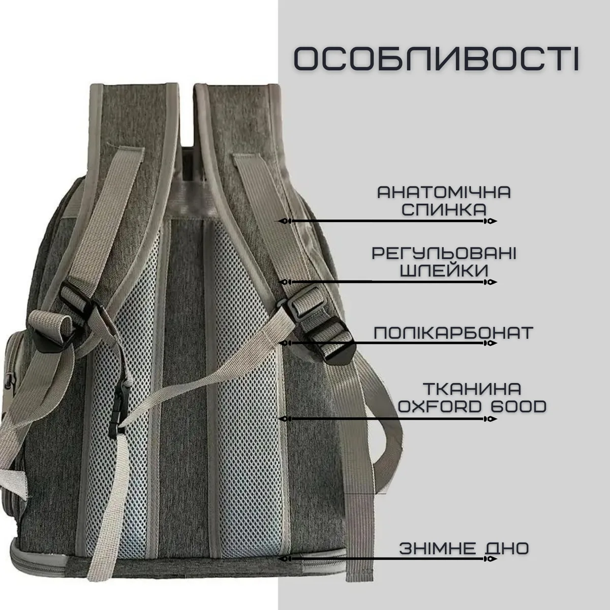 Рюкзак-переноска для котів і собак 42х34х27 см полікарбонат Oxford 600D сірий до 7 кг