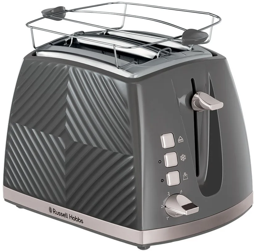 Тостер Russell Hobbs GrooWe на 2 скибочки, 850 Вт, функції підігріву та розморожування, пластиковий корпус, сірого кольору.