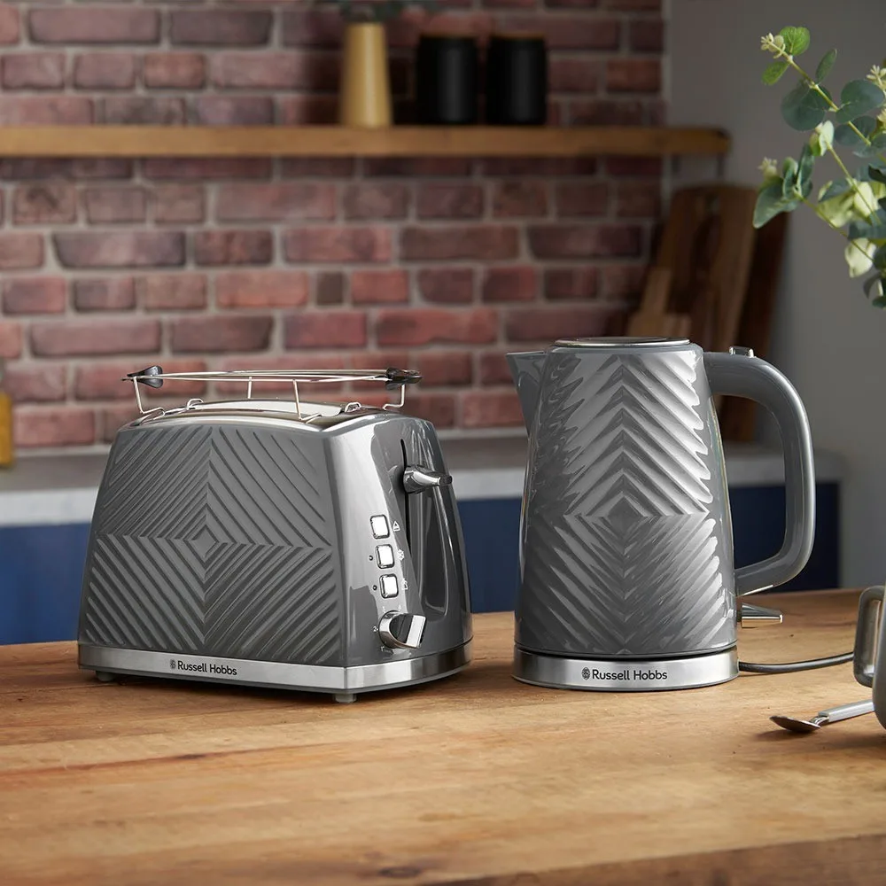 Тостер Russell Hobbs GrooWe на 2 скибочки, 850 Вт, функції підігріву та розморожування, пластиковий корпус, сірого кольору.