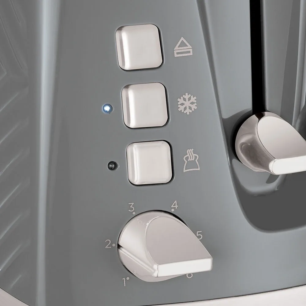 Тостер Russell Hobbs GrooWe на 2 скибочки, 850 Вт, функції підігріву та розморожування, пластиковий корпус, сірого кольору.