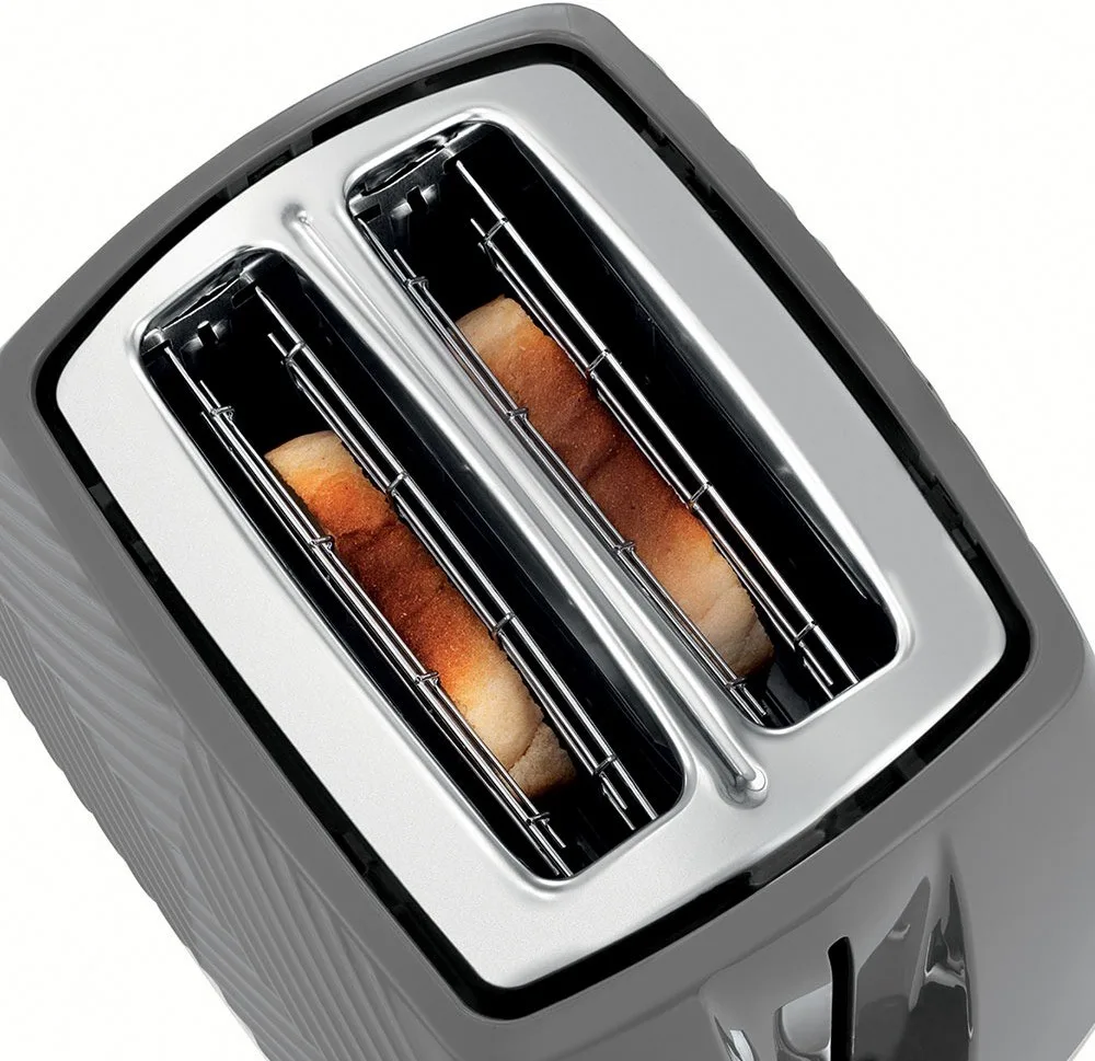Тостер Russell Hobbs GrooWe на 2 скибочки, 850 Вт, функції підігріву та розморожування, пластиковий корпус, сірого кольору.