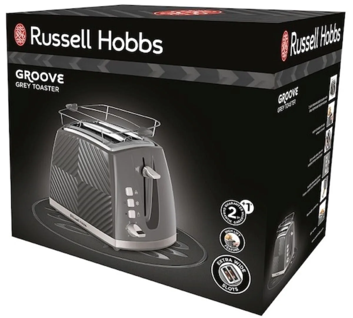 Тостер Russell Hobbs GrooWe на 2 скибочки, 850 Вт, функції підігріву та розморожування, пластиковий корпус, сірого кольору.