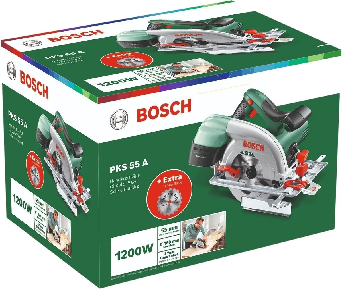 Дискова пила Bosch KS 55 A, 1200 Вт, діаметр 160 мм, вага 3.9 кг.