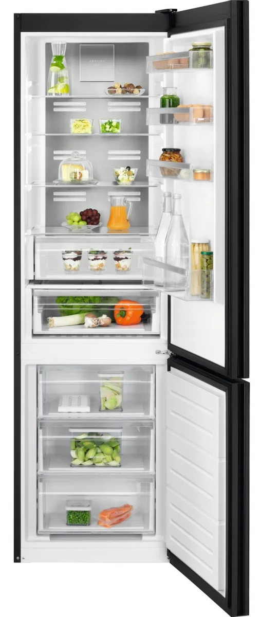 Холодильник Electrolux с нижним морозильником, габариты 201x60x66 см, объем холодильной камеры 244 л, объем морозильной камеры 94 л, двухдверный, класс энергопотребления E, комбинированный, инверторный, с дисплеем