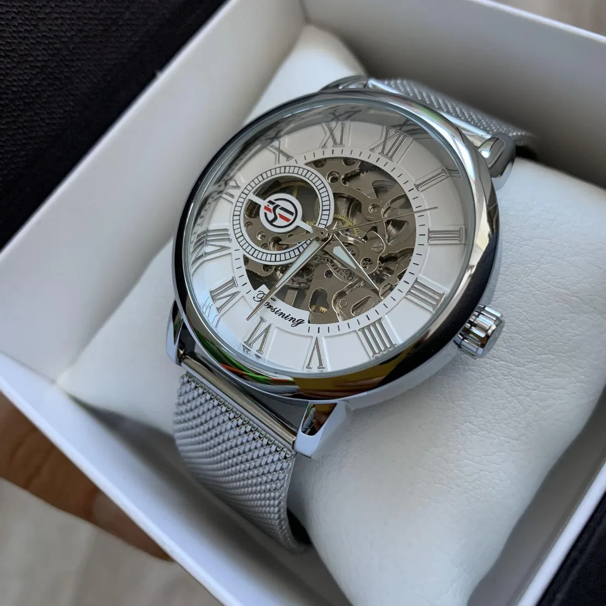 Механические женские наручные часы Forsining металлические 4 см желтые коричневые серебряные