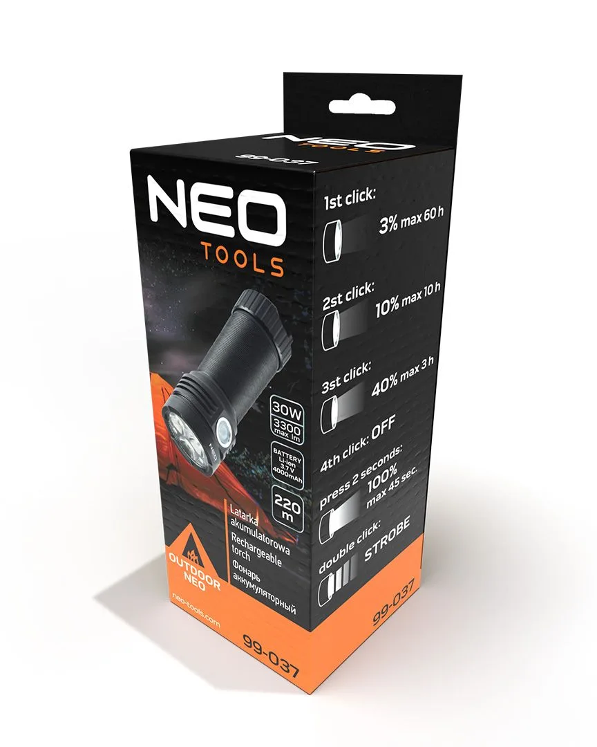 Ліхтар ручний акумуляторний Neo Tools, 4000мА·год, 3300лм, 30Вт, 5 функцій освітлення, алюмінієвий, IPX4