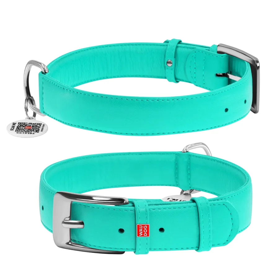 Нашийник WAUDOG Glamour XL 35 мм шкіряний ментоловий 46-60 см з QR паспортом