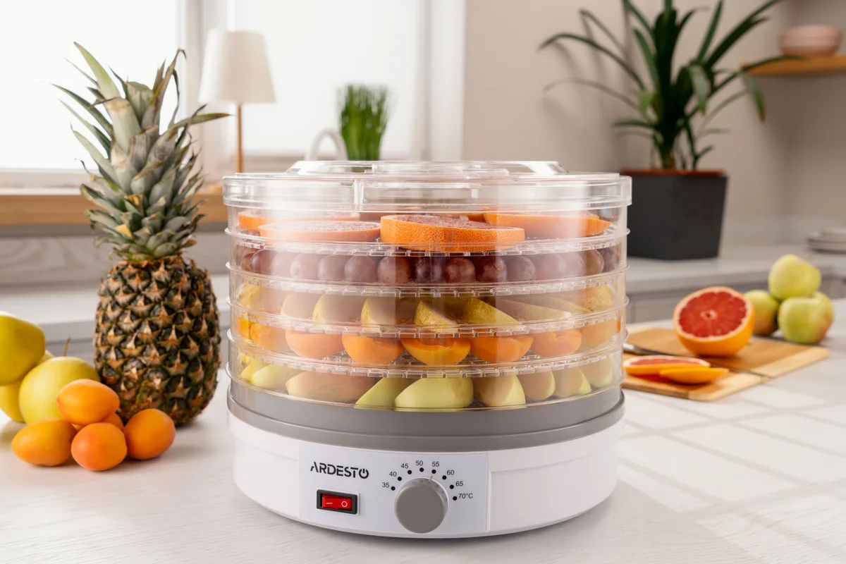 Сушарка для продуктів ARDESTO FDB-5320, потужність 245 Вт, з 5 піддонами (3 см), діаметр 32 см, максимальна температура 70°C, з ре