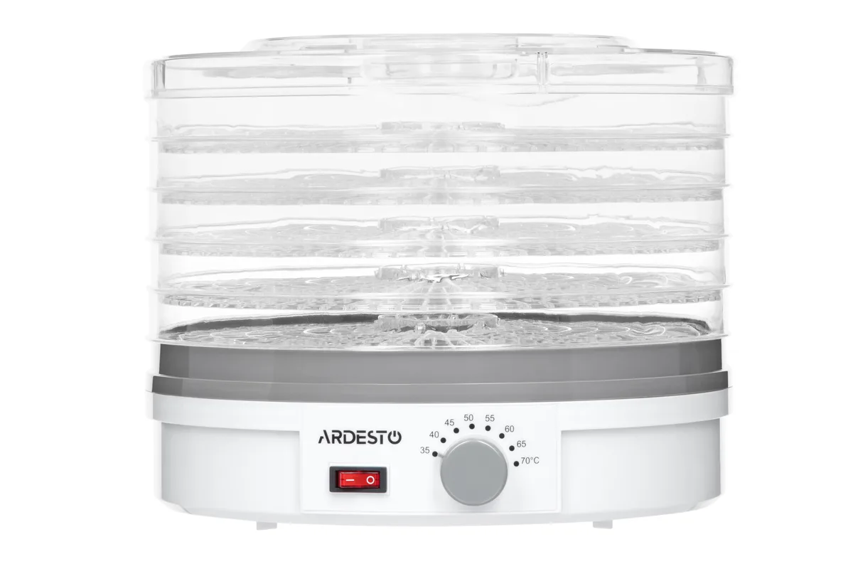 Сушарка для продуктів ARDESTO FDB-5320, потужність 245 Вт, з 5 піддонами (3 см), діаметр 32 см, максимальна температура 70°C, з ре