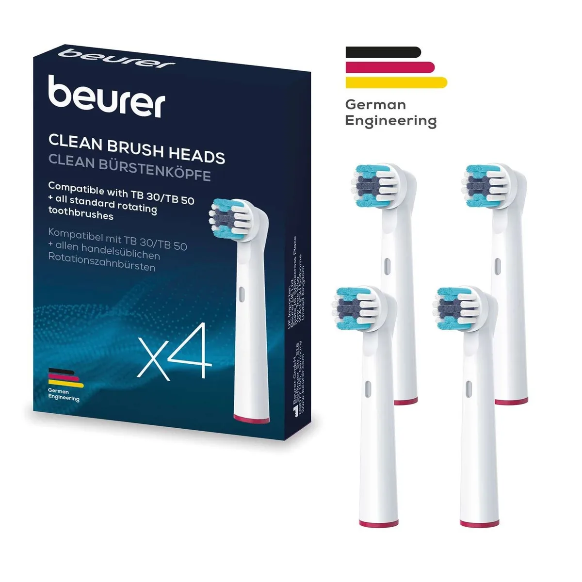 Насадки для електричних зубних щіток Beurer TB 15/30/50 Clean, інтенсивне очищення, комплект з 4 штук, білі.