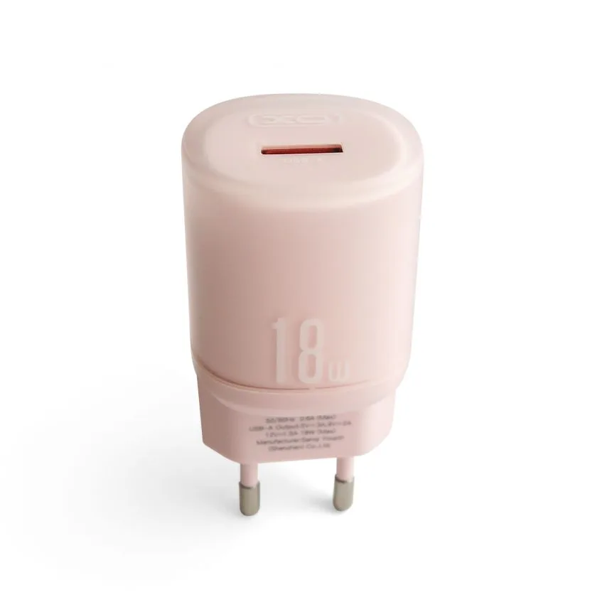Мережевий зарядний пристрій XO 1USB 18W Quick Charge 3.0 + кабель Lightning 1м Рожевий