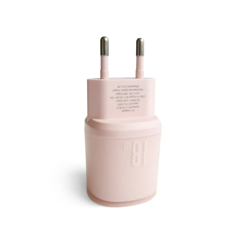 Мережевий зарядний пристрій XO 1USB 18W Quick Charge 3.0 + кабель Lightning 1м Рожевий