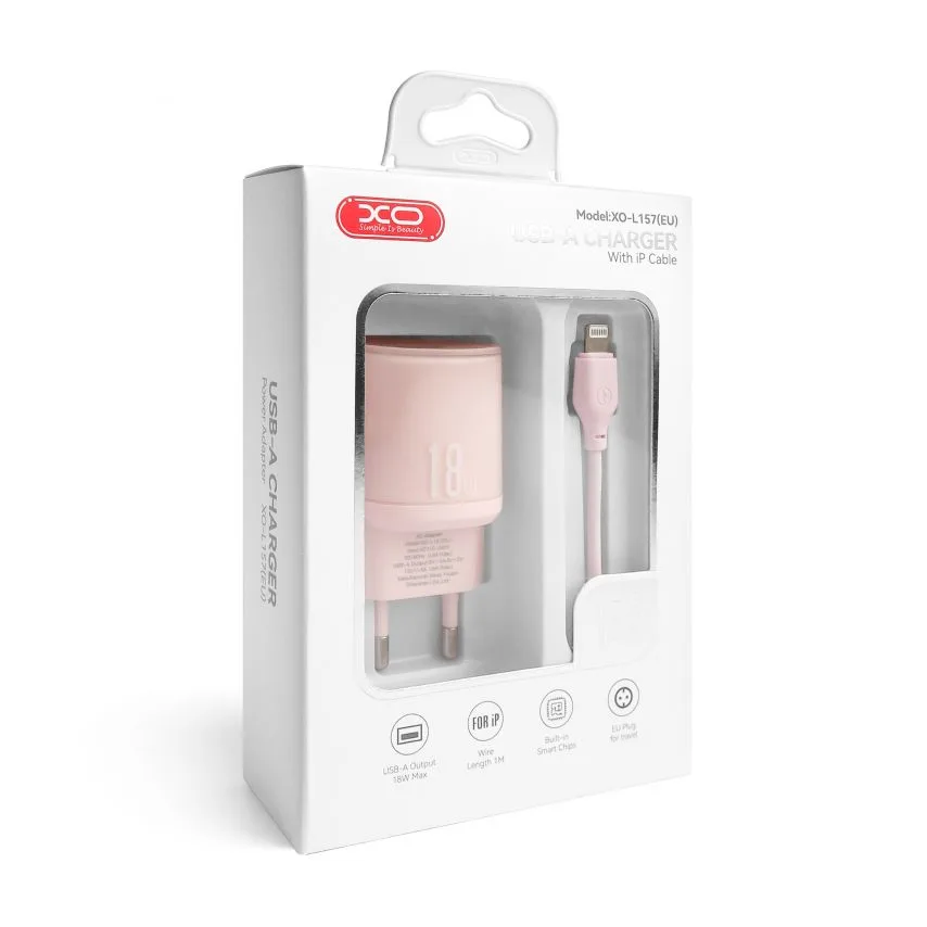 Мережевий зарядний пристрій XO 1USB 18W Quick Charge 3.0 + кабель Lightning 1м Рожевий