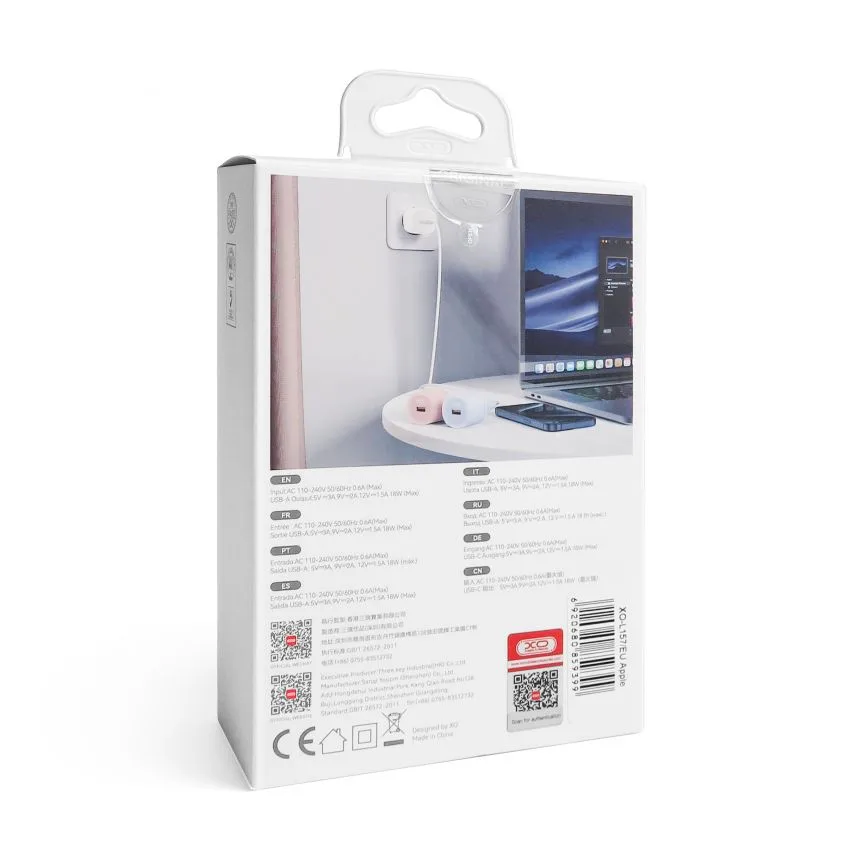 Мережевий зарядний пристрій XO 1USB 18W Quick Charge 3.0 + кабель Lightning 1м Рожевий