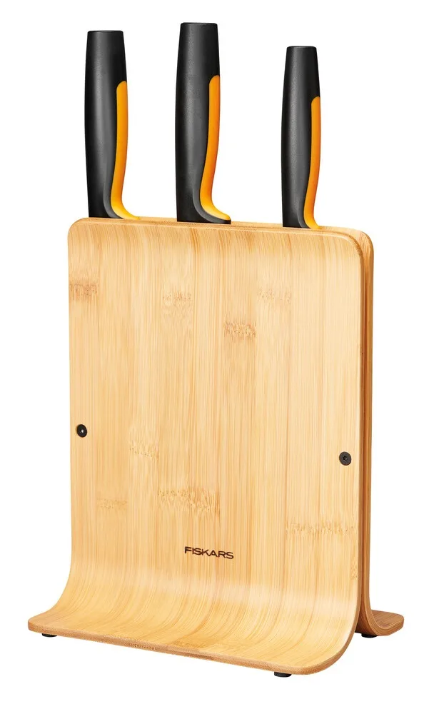 Набор кухонных ножей Fiskars Functional Form с подставкой из бамбука, 3 единицы, нержавеющая сталь, пластик, черный цвет